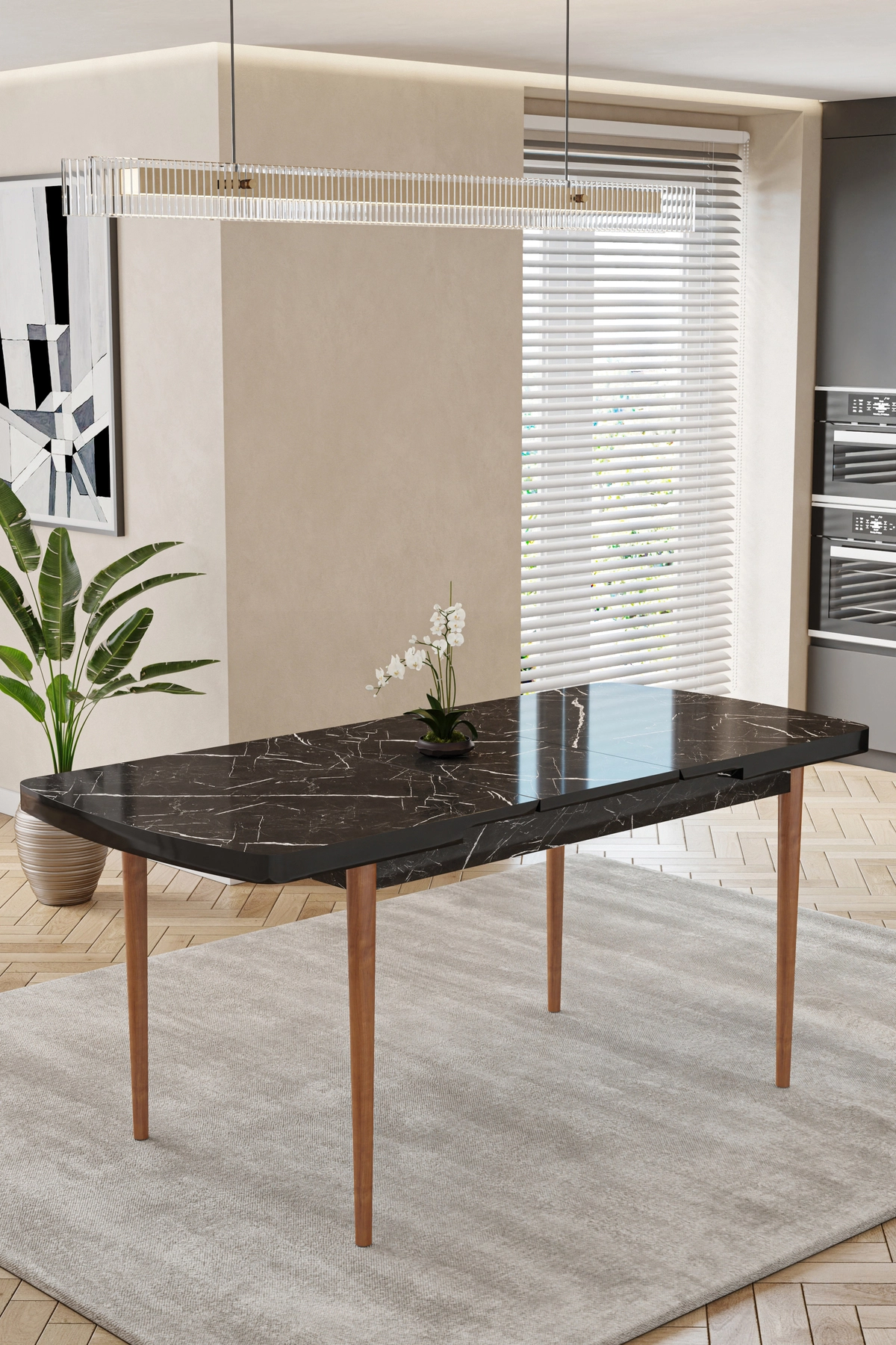 80x170CM Mutfak Masası Takımı | 4 Kişilik Açılır Masa Sandalye Takımı - Siyah Mermer Masa - Krem-1