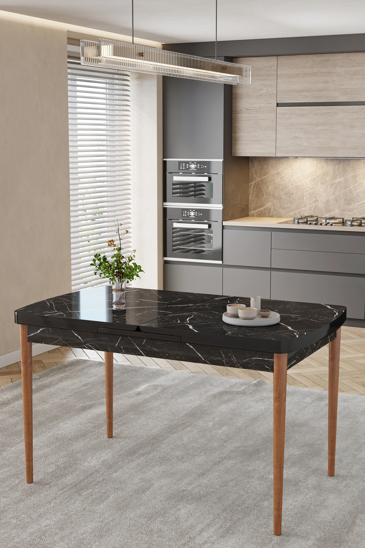 80x170CM Mutfak Masası Takımı | 4 Kişilik Açılır Masa Sandalye Takımı -Yemek Odası-MDF - SİYAH MERMER - KREM-2