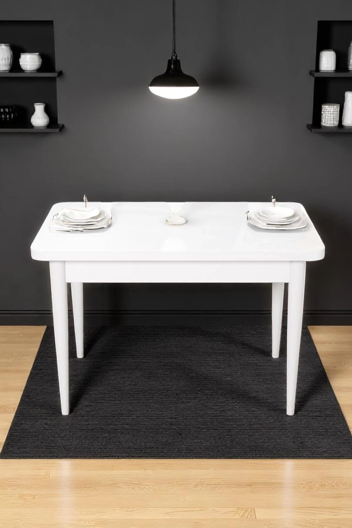 ARVEN Beyaz MDF 70x110 Sabit Mutfak Masası Takımı Beyaz Metal Ayak 4 Krem Sandalye-1