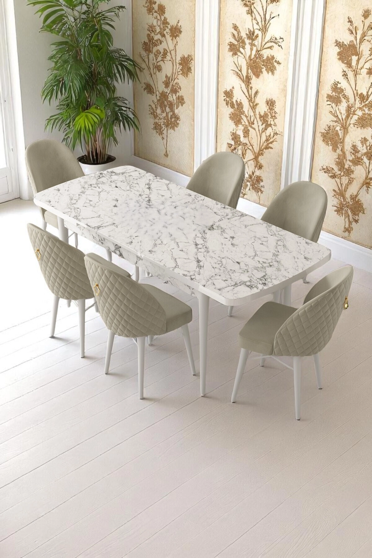 Mia Serisi Açılabilir Mutfak Masası Takımı Beyaz Mermer Desen Masa 6 Sandalye, Yemek Masası-1