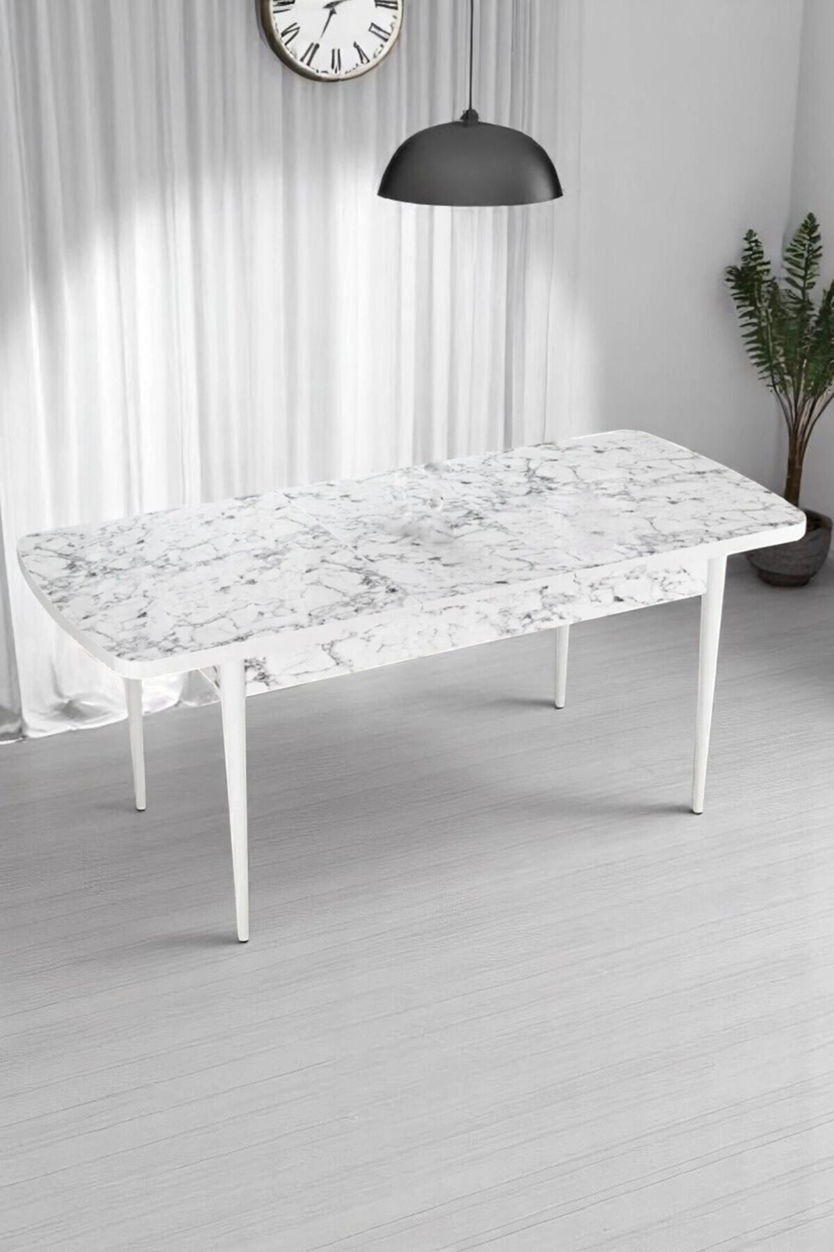 Mia Serisi Açılabilir Mutfak Masası Takımı Beyaz Mermer Desen Masa 6 Sandalye, Yemek Masası-2