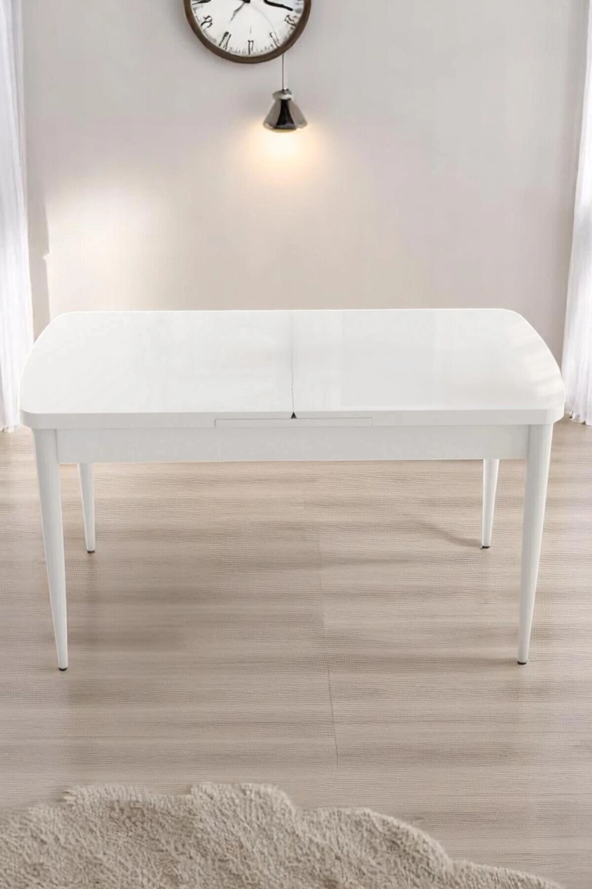 Monera Beyaz 80 x 132 Açılabilen Sunta Masa Metal Ayaklı Mutfak Masası Takımı 4 Gri Sandalye-2