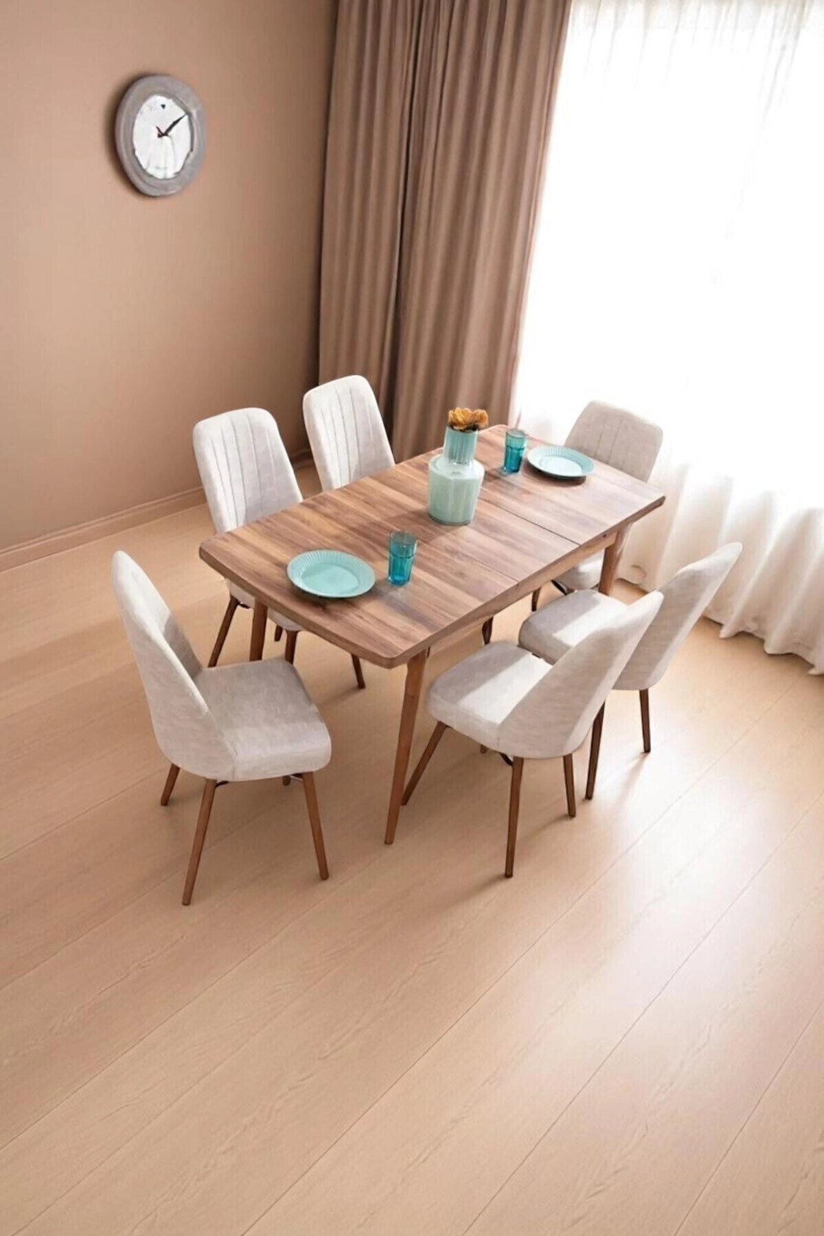 Mutfak Masası Takımı | 6 Kişilik Açılır Masa Sandalye Takımı | Salon Masası | Yemek Masası - Krem-1