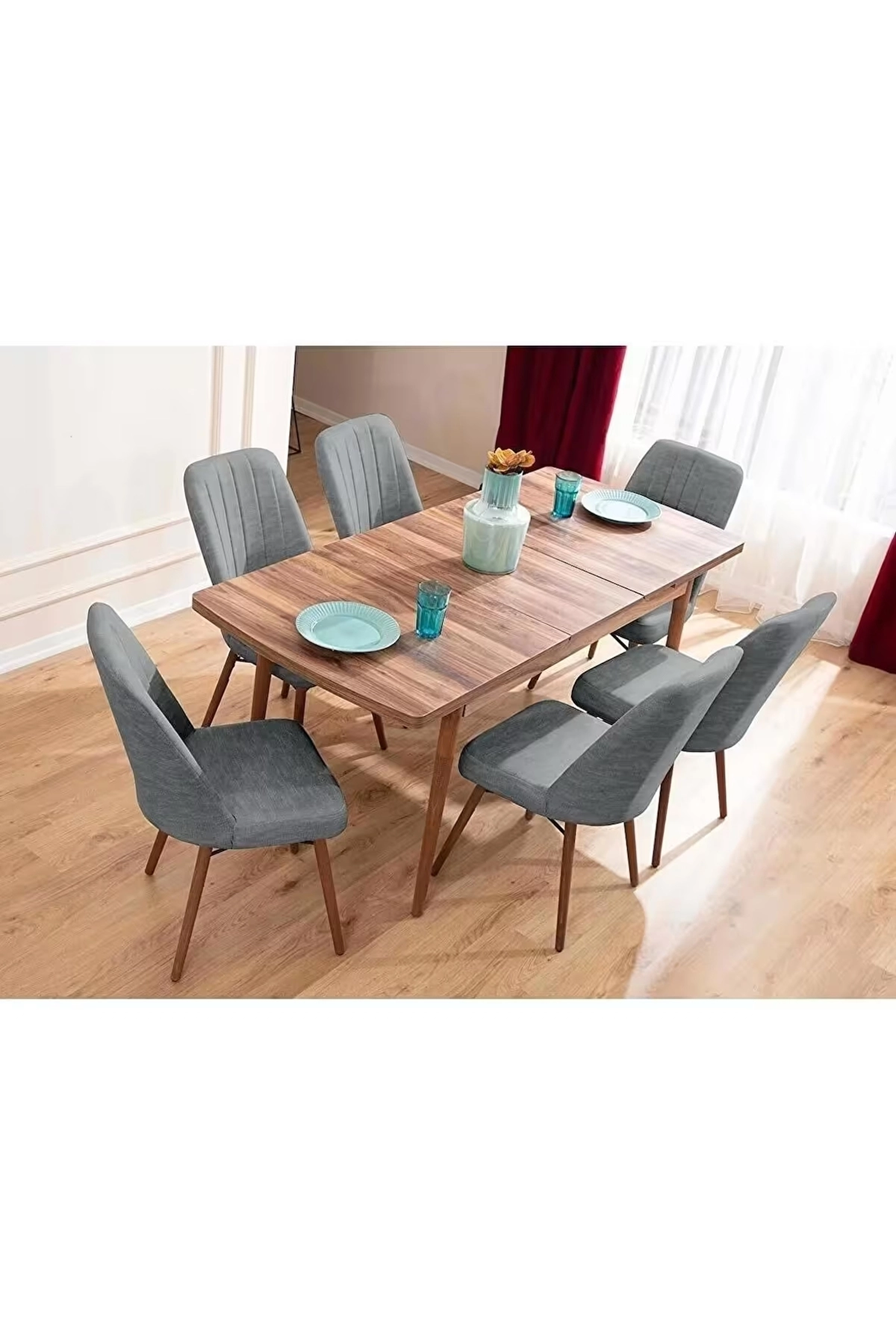 Mutfak Masası Takımı | 6 Kişilik Açılır Masa Sandalye Takımı | Yemek Masası | Masa Takımı - Gri-1