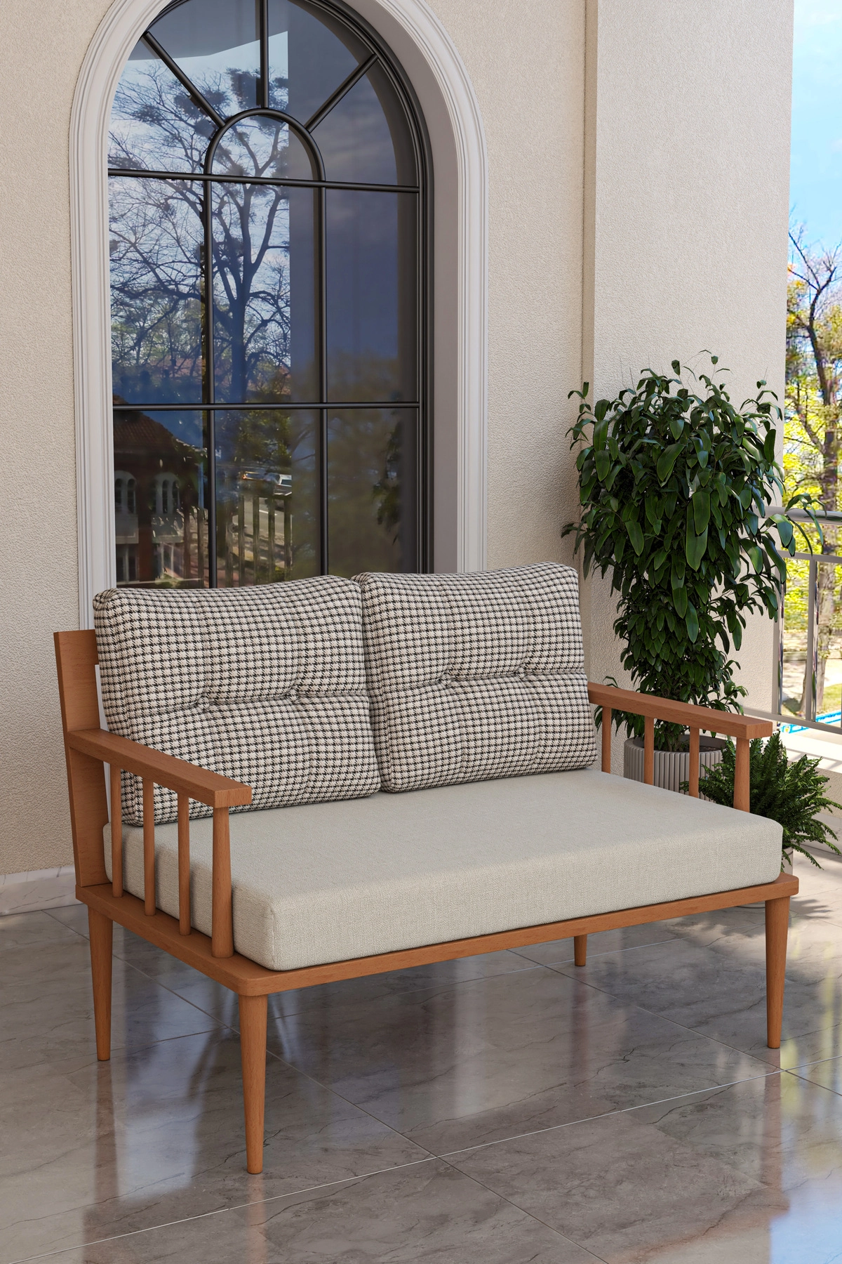 Preda Serisi Masif Fırınlanmış Gürgen Ahşap Bahçe Balkon Takımı 2+Masa-1