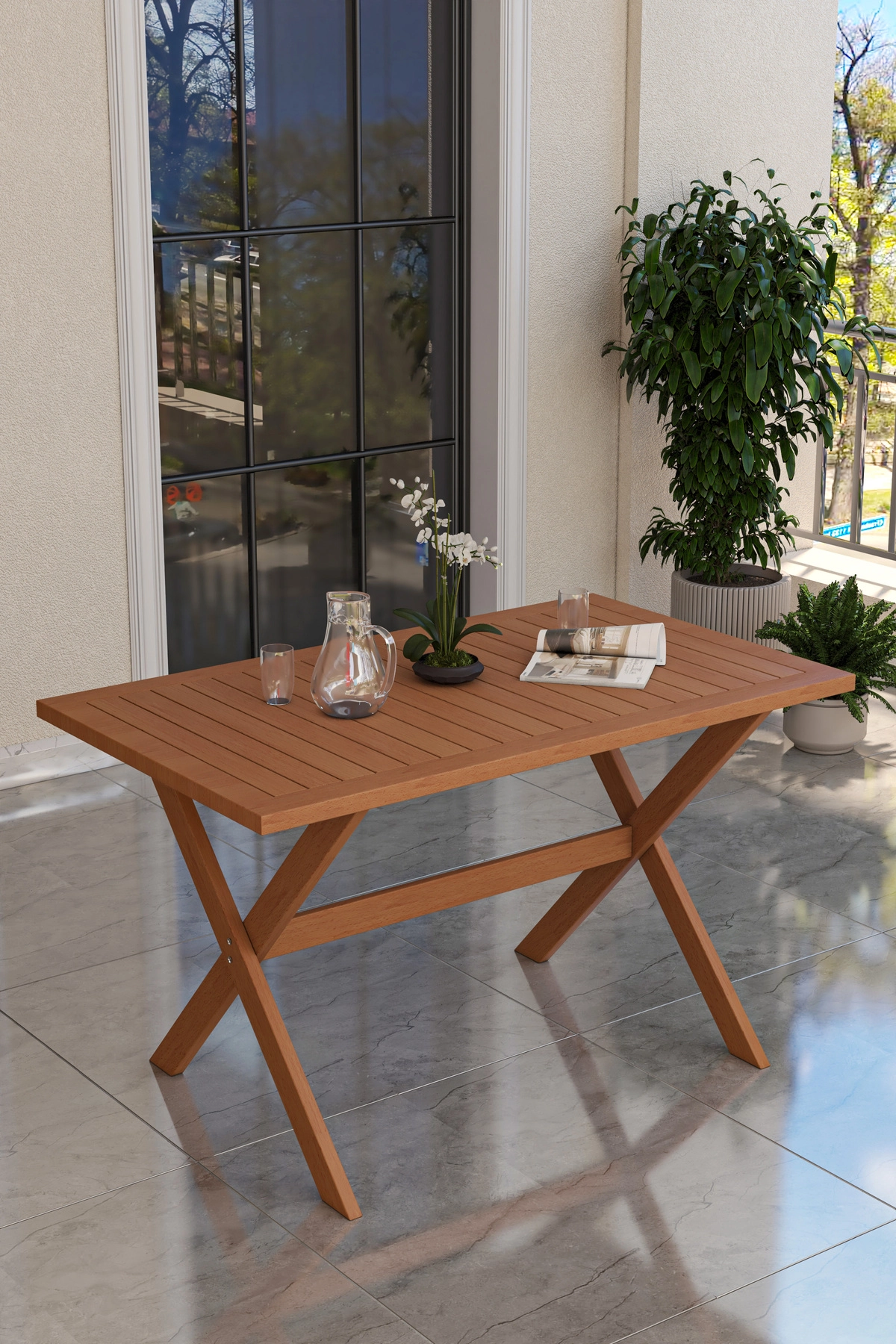 Preda Serisi Masif Fırınlanmış Gürgen Ahşap Bahçe Balkon Takımı 3+1+1+Masa-1