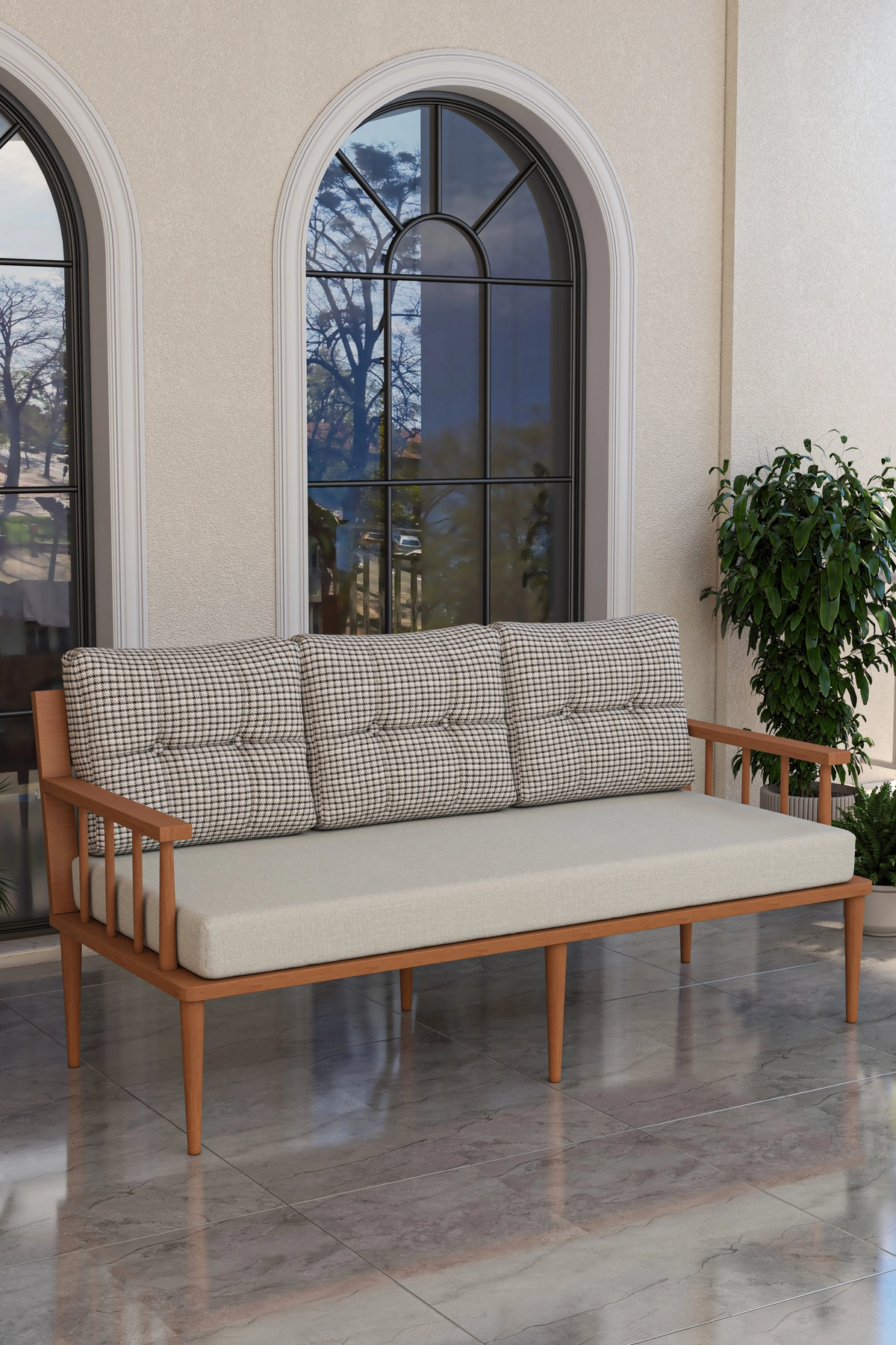 Preda Serisi Masif Fırınlanmış Gürgen Ahşap Bahçe Balkon Takımı 3+1+1+Masa-2