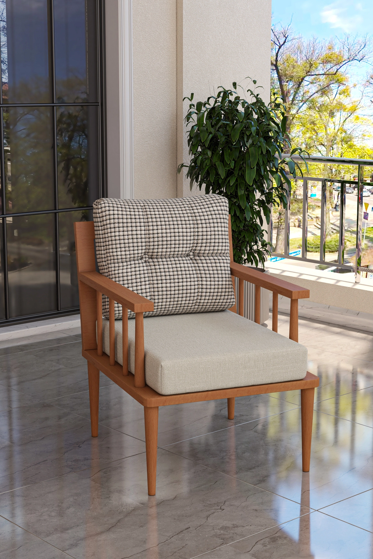 Preda Serisi Masif Fırınlanmış Gürgen Ahşap Bahçe Balkon Takımı 3+3+1+1+Masa-4