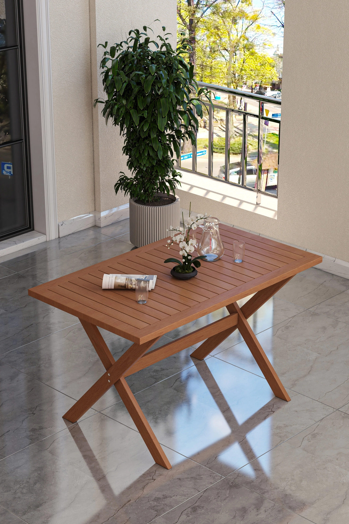 Preda Serisi Masif Fırınlanmış Gürgen Ahşap Bahçe Balkon Takımı X Ayaklı Masa-1