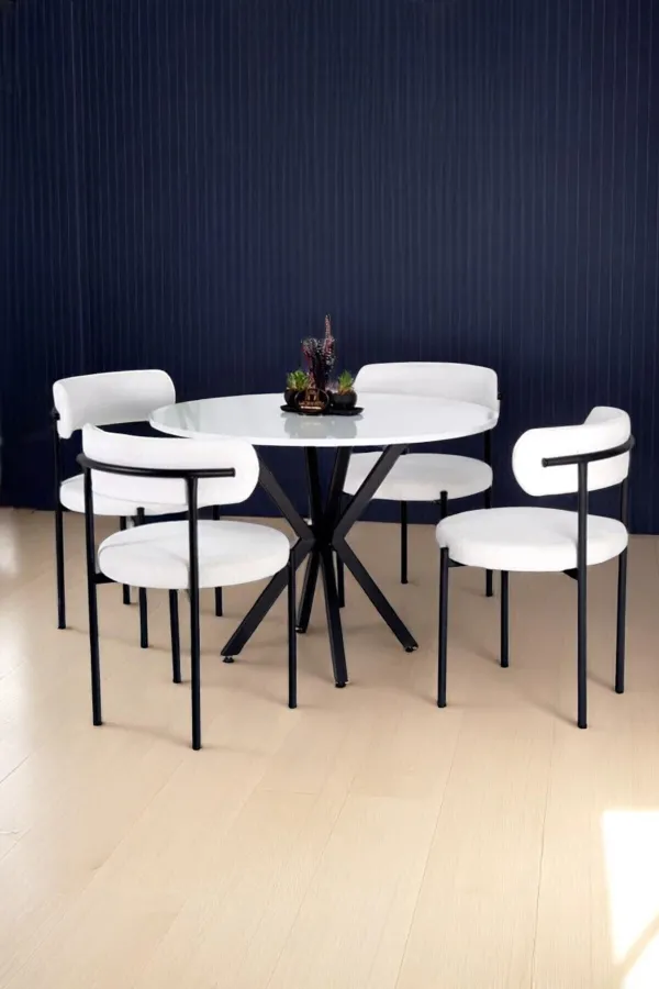 4 Sandalye 1 Adet 90 Cm Çap Masa Teddy Pufuduk Kumaş Salon Mutfak Balkon