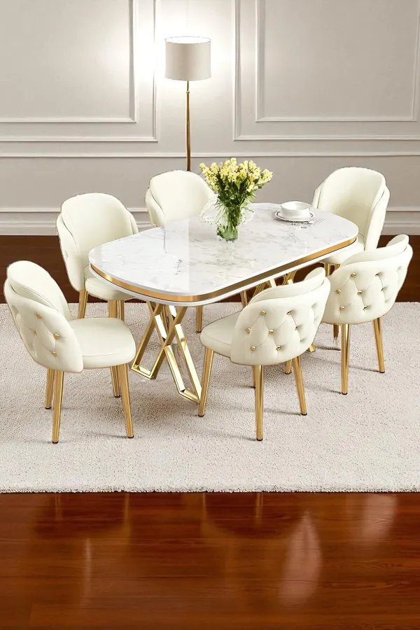 6'lı Mutfak Sandalyesi Salon Sandalyesi Gold Düğme Gold Konik Ayak Çift Papel Sandalye Baby Face