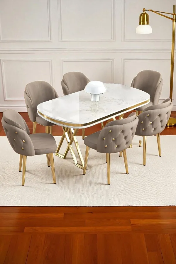 6'lı Mutfak Sandalyesi Salon Sandalyesi Gold Düğme Gold Konik Ayak Çift Papel Sandalye Baby Face