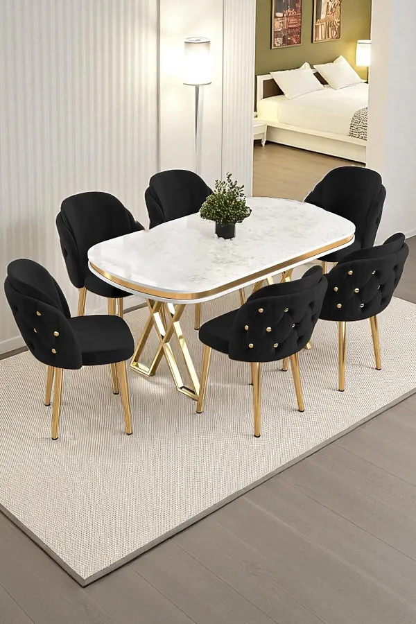 6'lı Mutfak Sandalyesi Salon Sandalyesi Gold Düğme Gold Konik Ayak Çift Papel Sandalye Baby Face