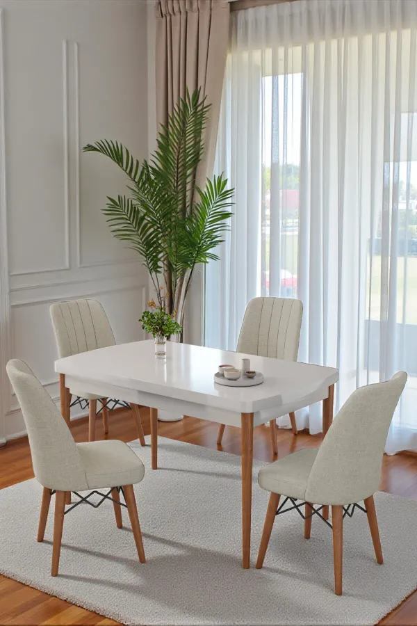 70X110 cm Mutfak Masası Takımı | 4 Kişilik Sabit Masa Sandalye Takımı | Beyaz Masa - Krem