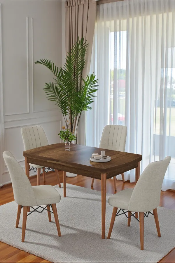 70X110 cm Mutfak Masası Takımı | 4 Kişilik Sabit Masa Sandalye Takımı | Ceviz Masa - Krem