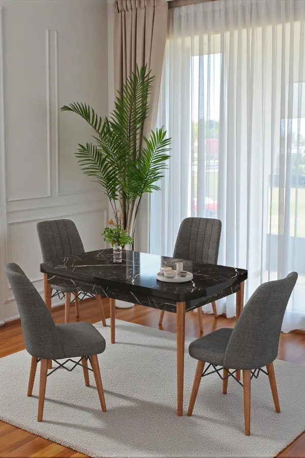 70X110 cm Mutfak Masası Takımı | 4 Kişilik Sabit Masa Sandalye Takımı | Siyah Mermer Masa - Antrasit