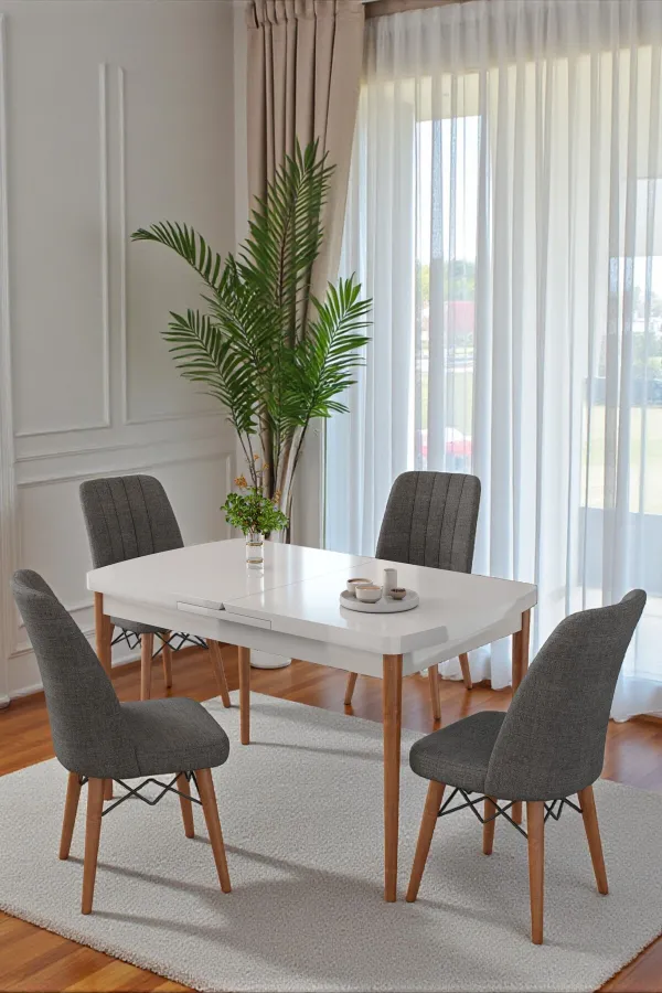 80x170CM Mutfak Masası Takımı | 4 Kişilik Açılır Masa Sandalye Takımı - Beyaz Masa - Antrasit