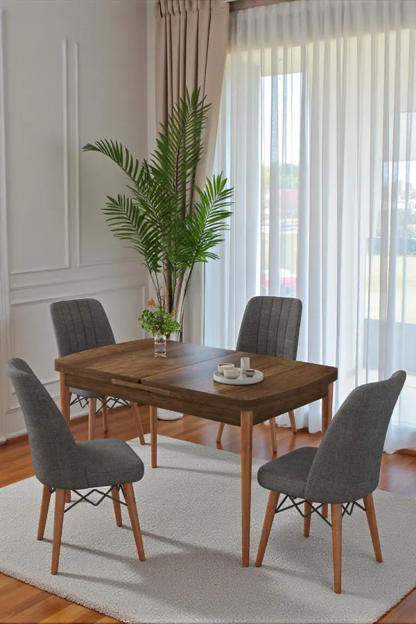 80x170CM Mutfak Masası Takımı | 4 Kişilik Açılır Masa Sandalye Takımı - Ceviz Masa - Antrasit