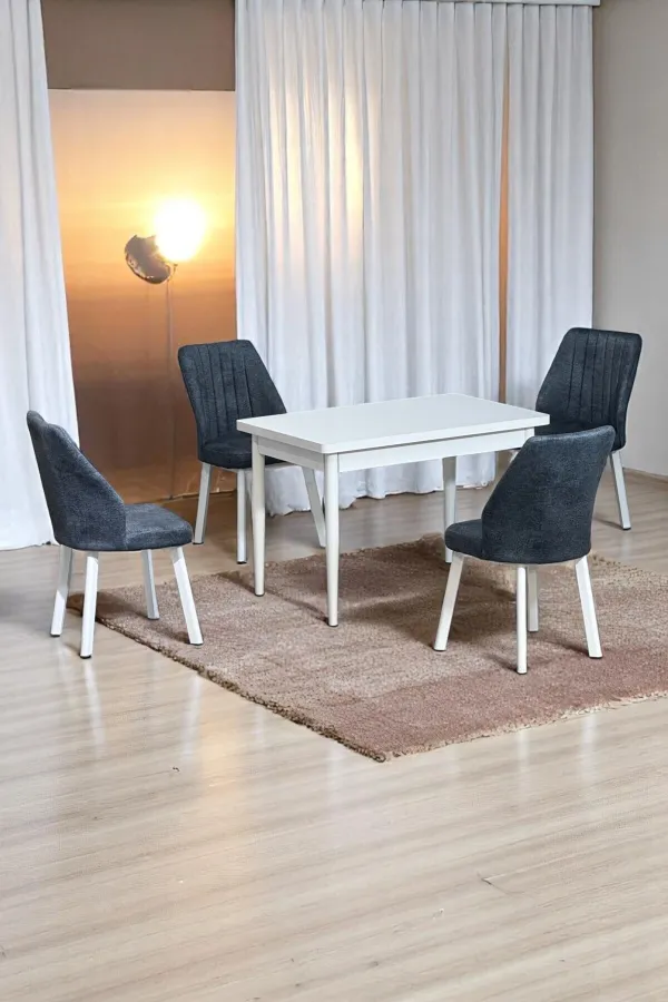 ARVEN Beyaz MDF 70x110 Sabit Mutfak Masası Takımı Beyaz Metal Ayak 4 Füme Kot Desen Sandalye