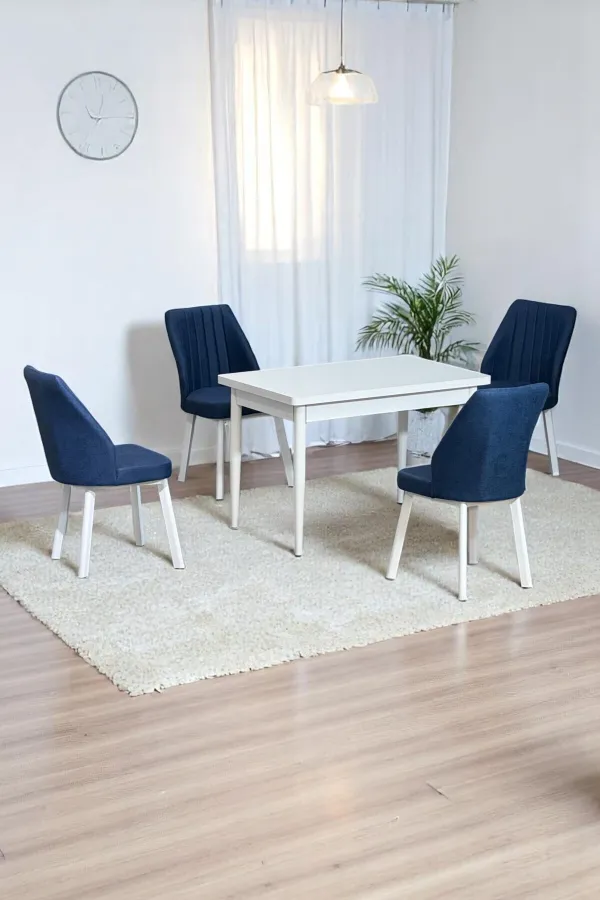 ARVEN Beyaz MDF 70x110 Sabit Mutfak Masası Takımı Beyaz Metal Ayak 4 Lacivert Sandalye