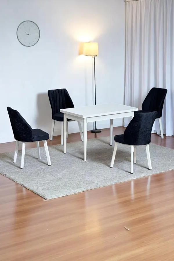 ARVEN Beyaz Sunta 70x110 Sabit Mutfak Masası Takımı Beyaz Metal Ayak 4 Siyah Sandalye