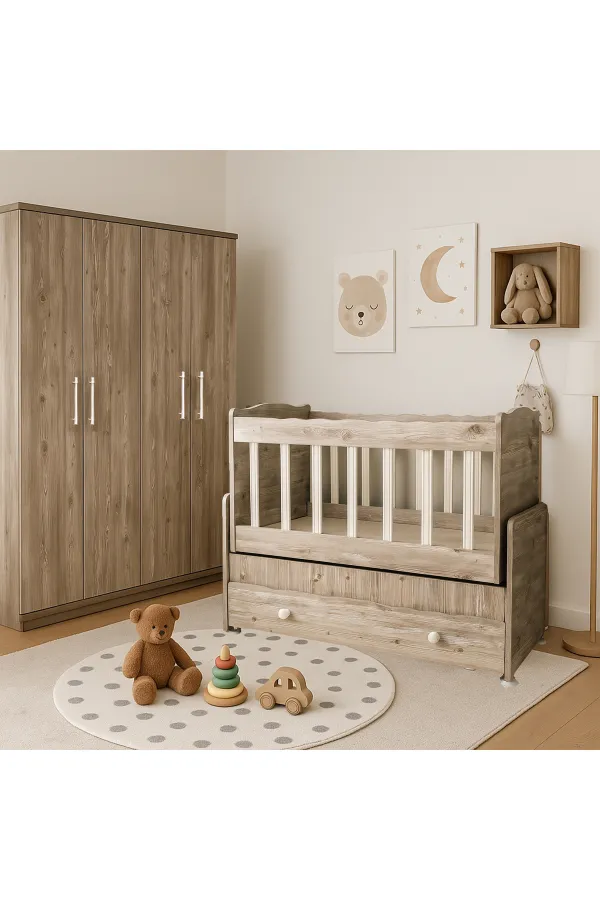 Çekmeceli Sallanır Anne Yanı Bebek Odası Takımı Beşik 50 x 100 Gardırop 120 X 174 X 45