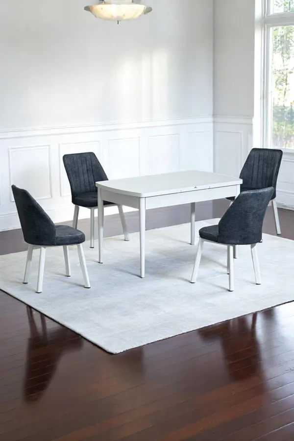 Florn Beyaz 80 x 132 Açılabilen MDF Masa Metal Ayaklı Mutfak Masası Takımı 4 Füme Desen Sandalye