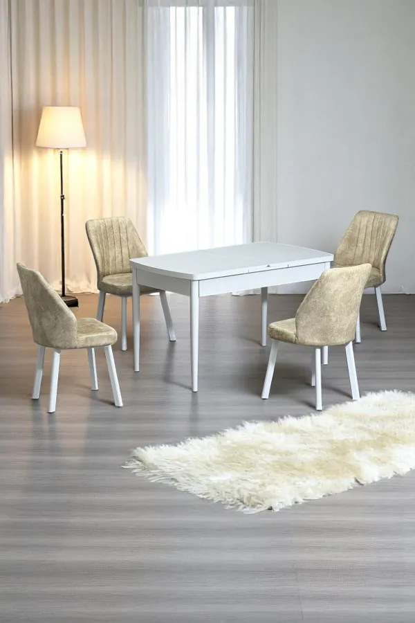 Florn Beyaz 80 x 132 Açılabilen Sunta Masa Metal Ayaklı Mutfak Masası Takımı 4 Krem Sandalye