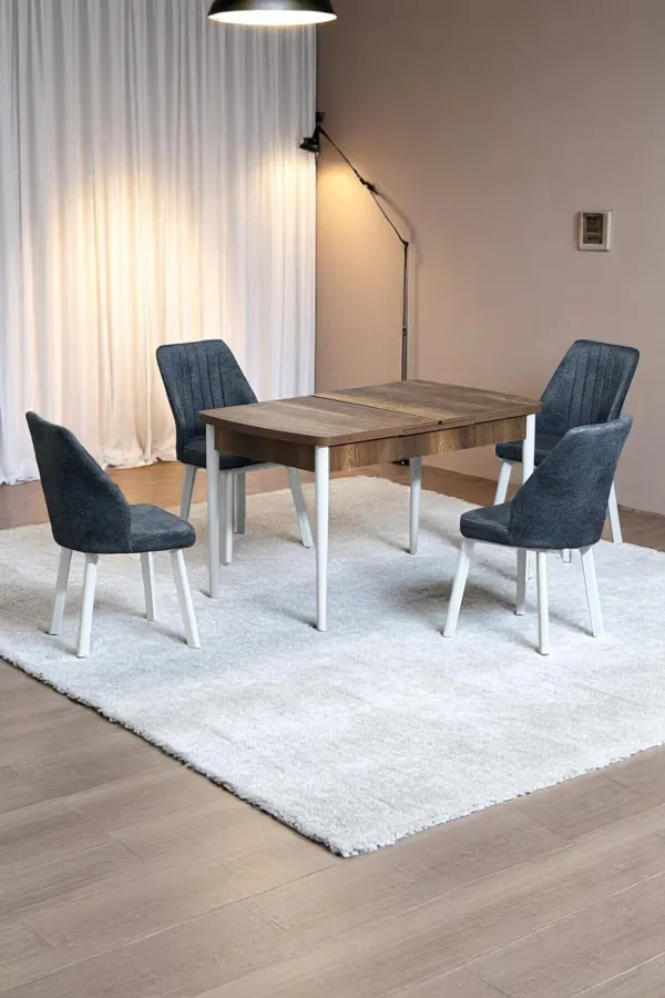 Florn Ceviz 80 x 132 Açılabilen MDF Masa Metal Ayaklı Mutfak Masası Takımı 4 Kot Füme Sandalye