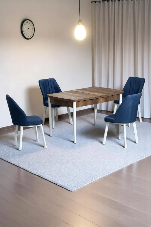Florn Ceviz 80 x 132 Açılabilen MDF Masa Metal Ayaklı Mutfak Masası Takımı 4 Lacivert Sandalye