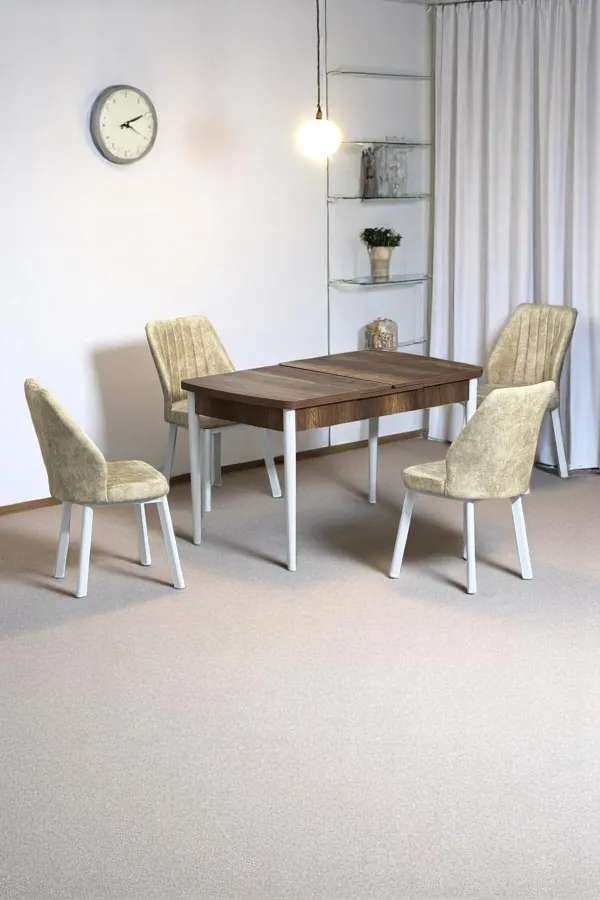 Florn Ceviz 80 x 132 Açılabilen Sunta Masa Metal Ayaklı Mutfak Masası Takımı 4 Krem Sandalye