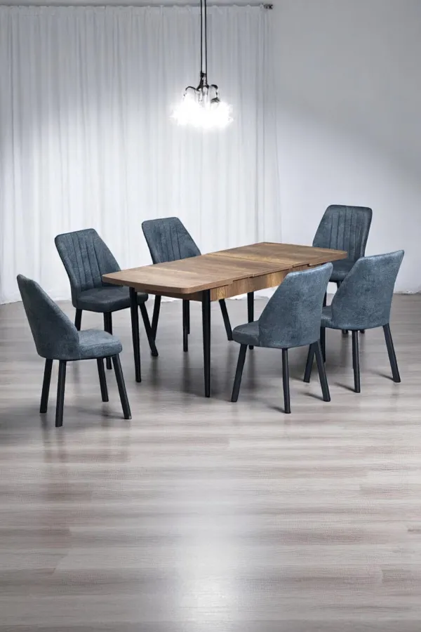 Luna Ceviz 80 x 132 Açılabilen MDF Masa Siyah Metal Ayaklı Mutfak Masası 6 Kot Desen Füme Sandalye