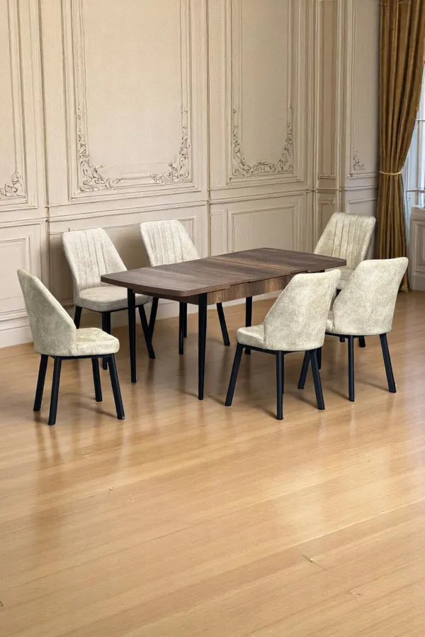 Luna Ceviz 80 x 132 Açılabilen MDF Masa Siyah Metal Ayaklı Mutfak Masası 6 Krem Sandalye