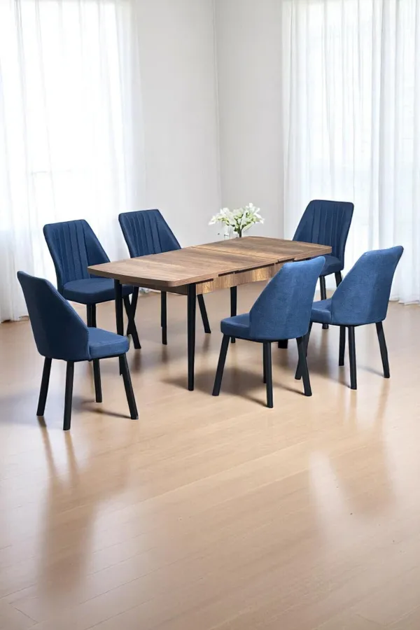 Luna Ceviz 80 x 132 Açılabilen MDF Masa Siyah Metal Ayaklı Mutfak Masası 6 Lacivert Sandalye