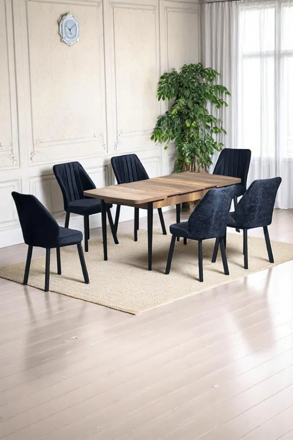 Luna Ceviz 80 x 132 Açılabilen MDF Masa Siyah Metal Ayaklı Mutfak Masası 6 Siyah Sandalye