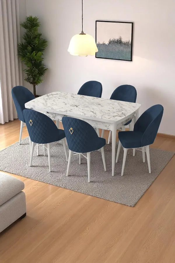 Mia Serisi Açılabilir Mutfak Masası Takımı Beyaz Mermer Desen Masa 6 Sandalye, Yemek Masası