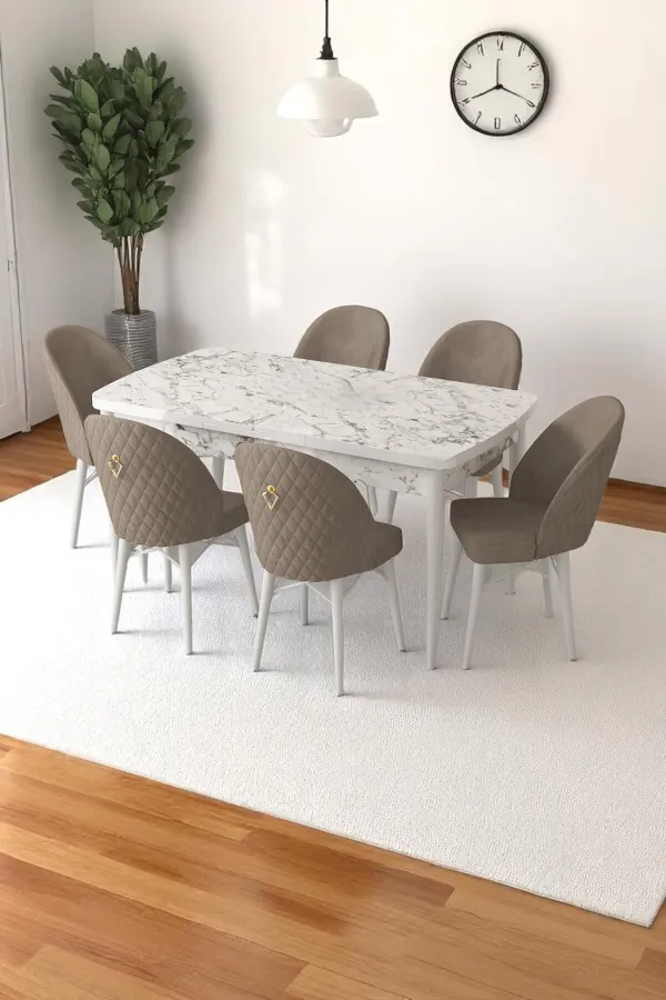 Mia Serisi Açılabilir Mutfak Masası Takımı Beyaz Mermer Desen Masa 6 Sandalye, Yemek Masası