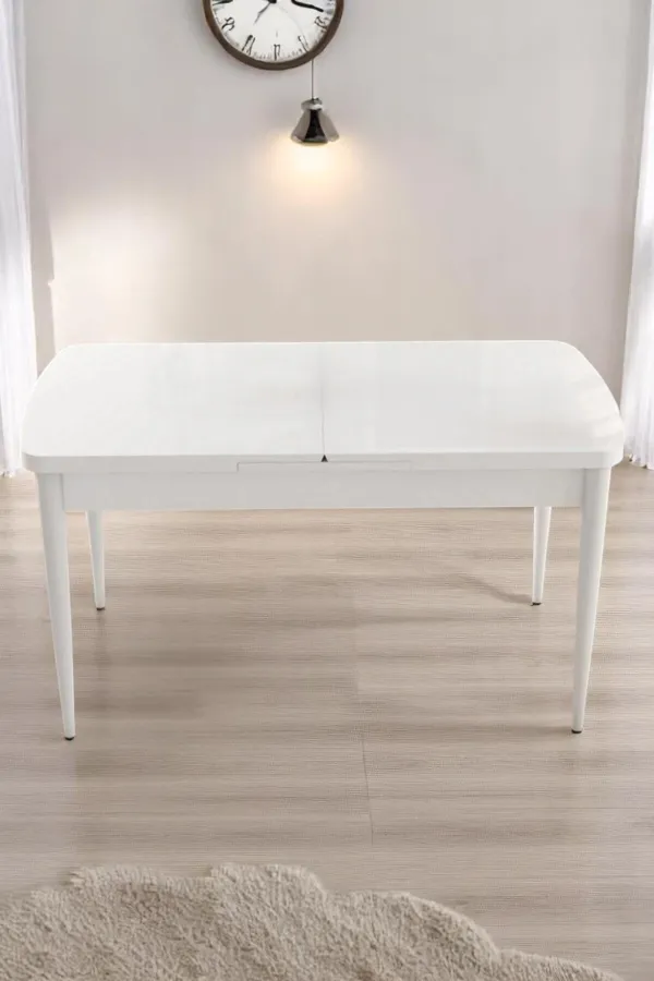 Milas Serisi 80 x 132 Açılabilen Beyaz MDF Mutfak Masası, Yemek Masası Metal Ayak