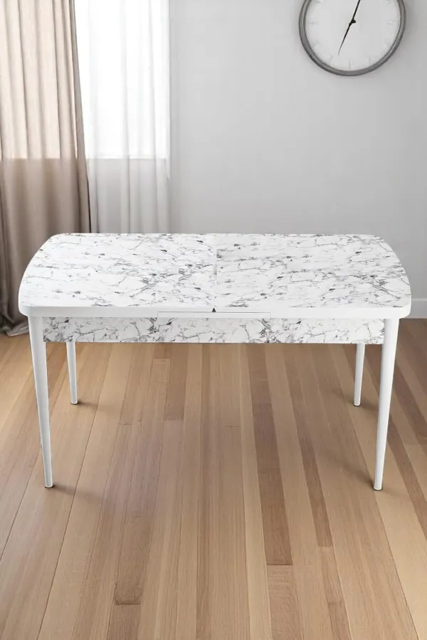 Milas Serisi 80 x 132 Açılabilen Beyaz Mermer MDF Mutfak Masası, Yemek Masası Metal Ayak