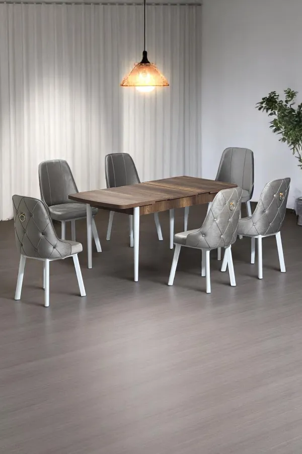 Minel Açılabilen Metal Ayak Sunta Mutfak Masası Takımı 6 Cappucino Sandalye 80 x 132