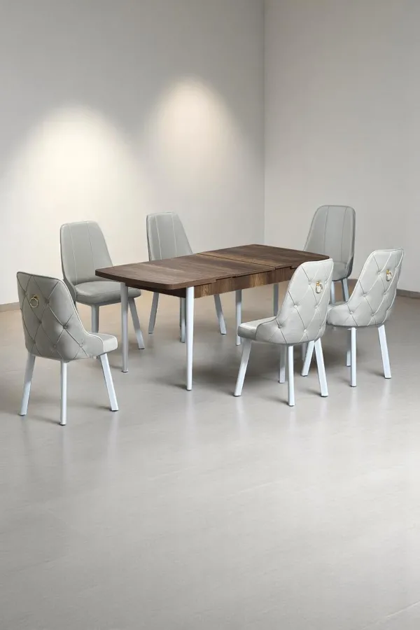 Minel Açılabilen Metal Ayak Sunta Mutfak Masası Takımı 6 Krem Sandalye 80 x 132