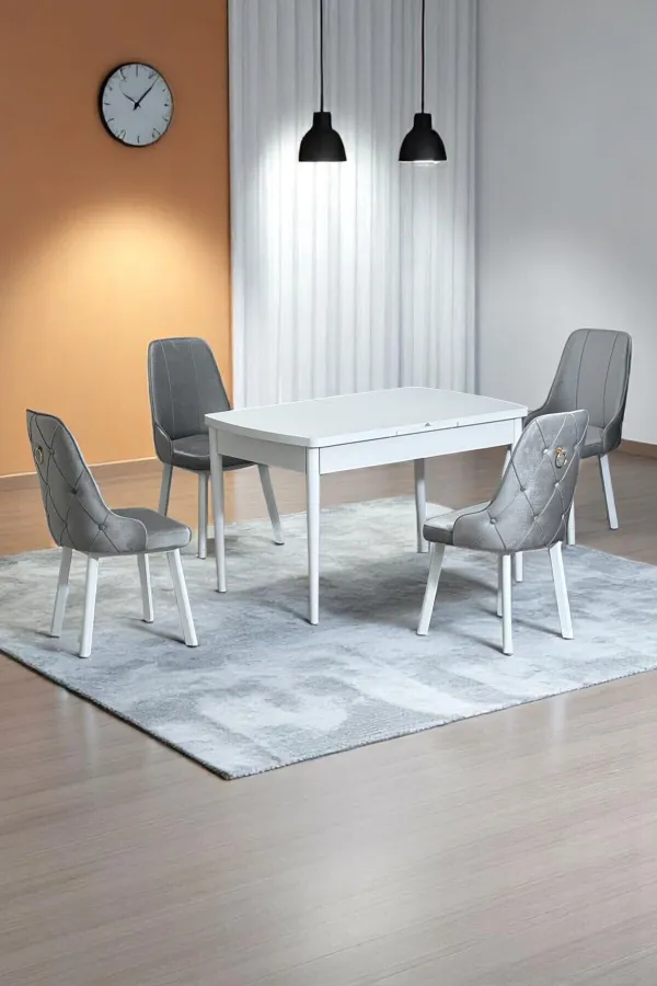 Monera Beyaz 80 x 132 Açılabilen MDF Masa Metal Ayaklı Mutfak Masası Takımı 4 Gri Sandalye