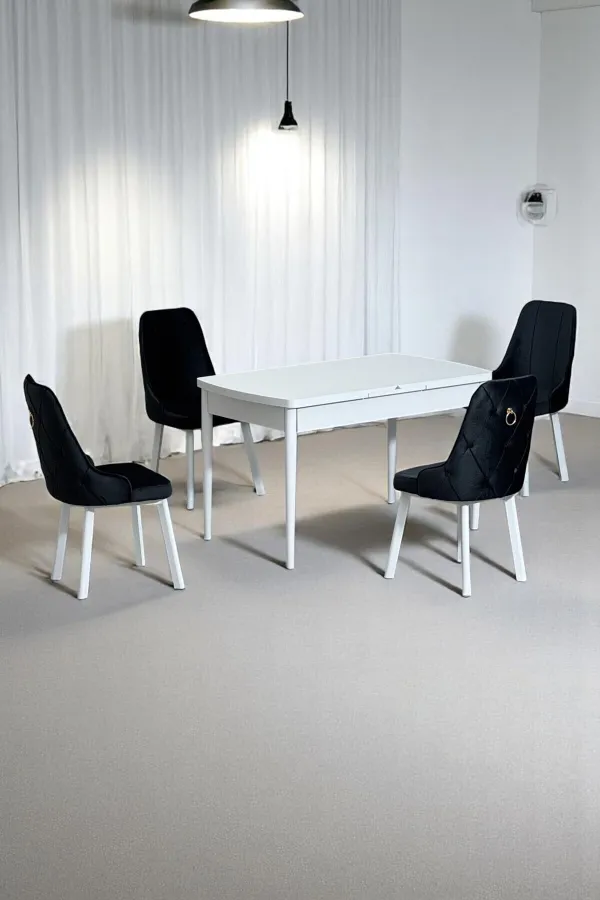 Monera Beyaz 80 x 132 Açılabilen MDF Masa Metal Ayaklı Mutfak Masası Takımı 4 Siyah Sandalye