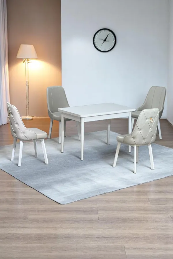 Monera Beyaz 80 x 132 Açılabilen Sunta Masa Metal Ayaklı Mutfak Masası Takımı 4 Krem Sandalye