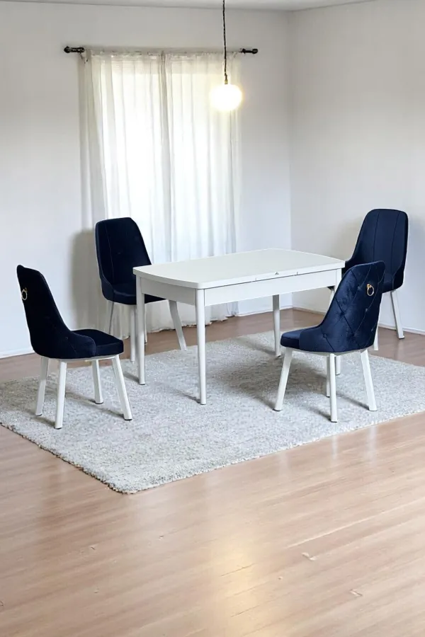 Monera Beyaz 80 x 132 Açılabilen Sunta Masa Metal Ayaklı Mutfak Masası Takımı 4 Lacivert Sandalye