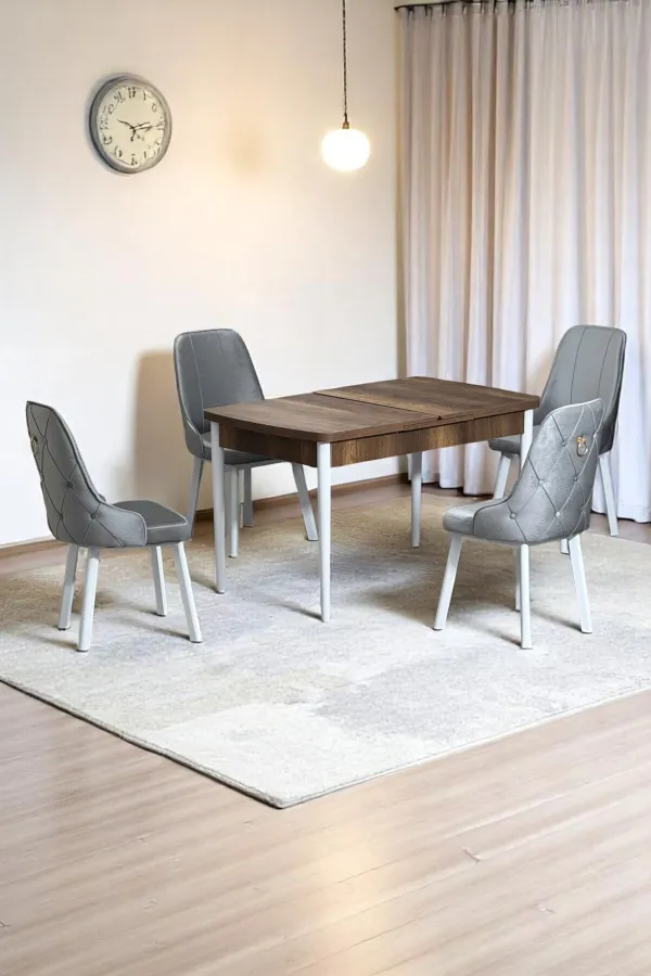 Monera Ceviz 80 x 132 Açılabilen Sunta Masa Metal Ayaklı Mutfak Masası Takımı 4 Gri Sandalye
