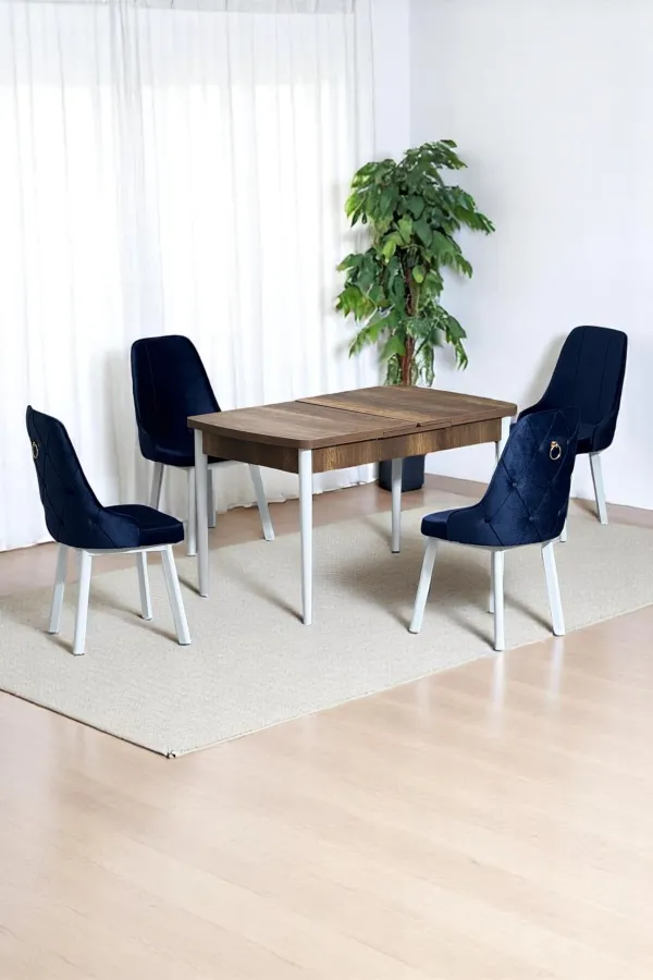 Monera Ceviz 80 x 132 Açılabilen Sunta Masa Metal Ayaklı Mutfak Masası Takımı 4 Lacivert Sandalye