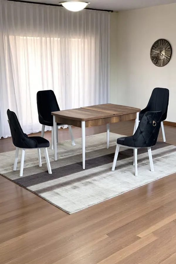 Monera Ceviz 80 x 132 Açılabilen Sunta Masa Metal Ayaklı Mutfak Masası Takımı 4 Siyah Sandalye