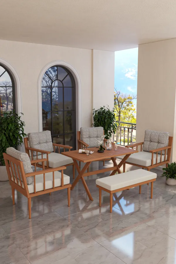 Preda Serisi Masif Fırınlanmış Gürgen Ahşap Bahçe Balkon Takımı 1+1+1+1+Bench+Masa