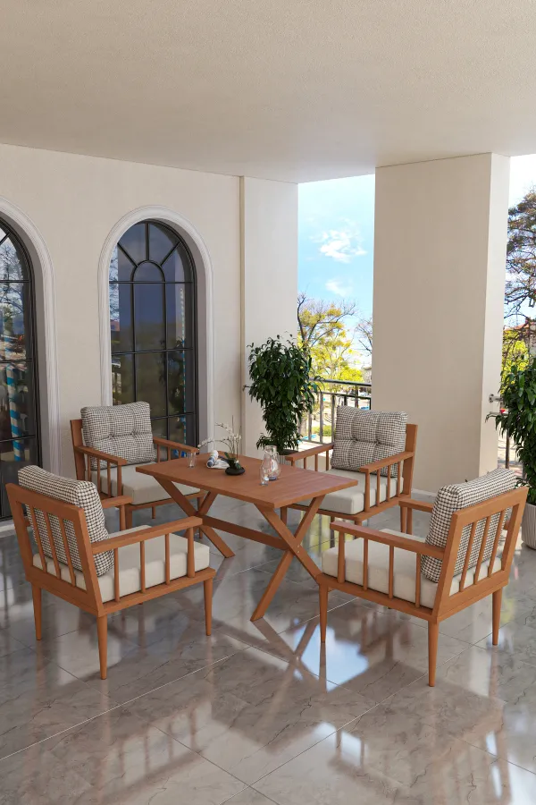 Preda Serisi Masif Fırınlanmış Gürgen Ahşap Bahçe Balkon Takımı 1+1+1+1+Masa